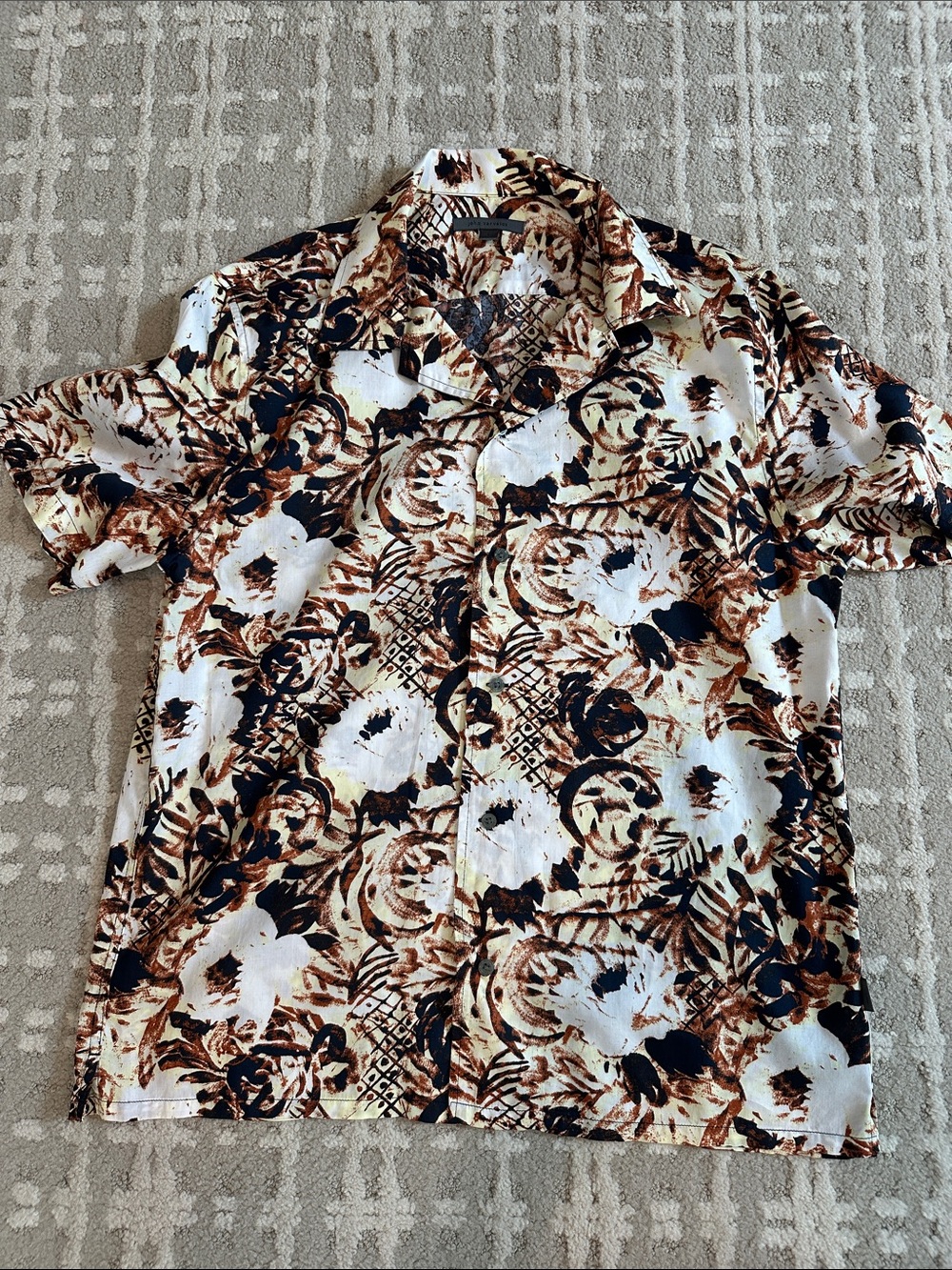 John Varvatos White Floral Button-Down Shirt with Brown and Black Accents